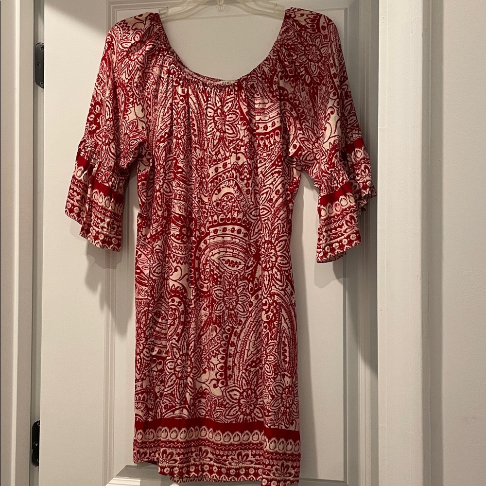 Umgee Off Shoulder Mini Dress Women Size S Girlhood-core Boho Red Cream Paisley